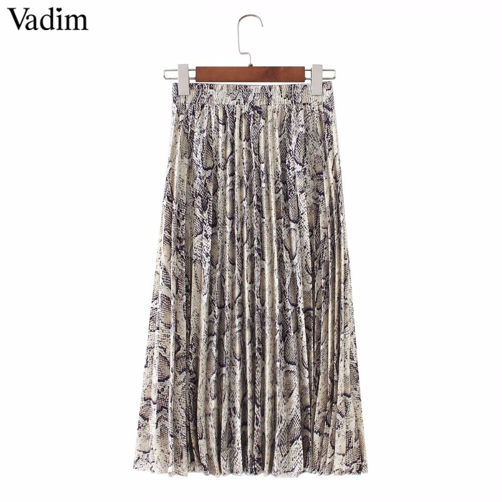 

Vadim women stylish Snake print pleated skirt faldas mujer Drawstring tie elastic waist ladies casual mid calf skirts BA108 Y200326, As picture