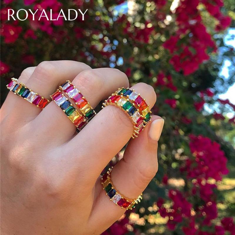 

Cluster Rings Bohemia Thin CZ Baguette Wedding For Women Crystal Paved Female Finger Rainbow Ring Party Statement Fashion Jewelry