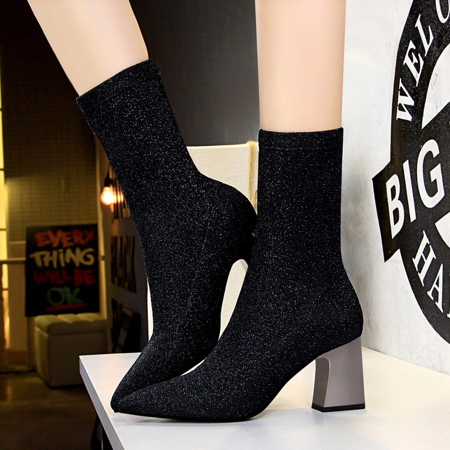 

BIGTREE Women Sequin Leather short Boots Fashion Handmade Classic Pointed toe Metal Heels thick high Women Booties #i51X, Black