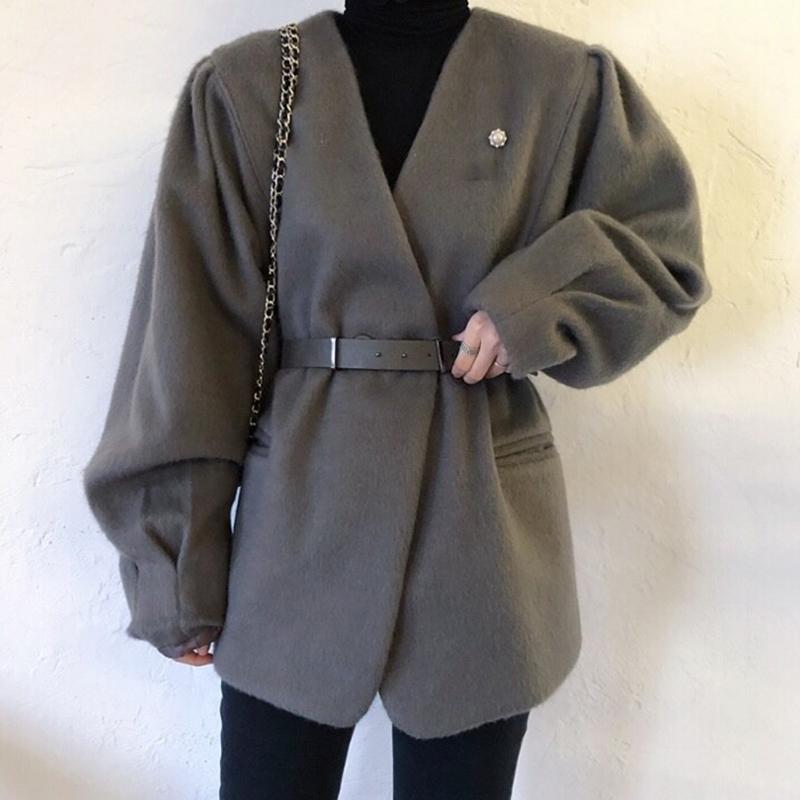 

Fashion 2021 Autumn Winter Korean Style Woolen Coat Women V-Neck Solid Color Loose Wool Jacket with Belt Streetwear Wool Parka, Black