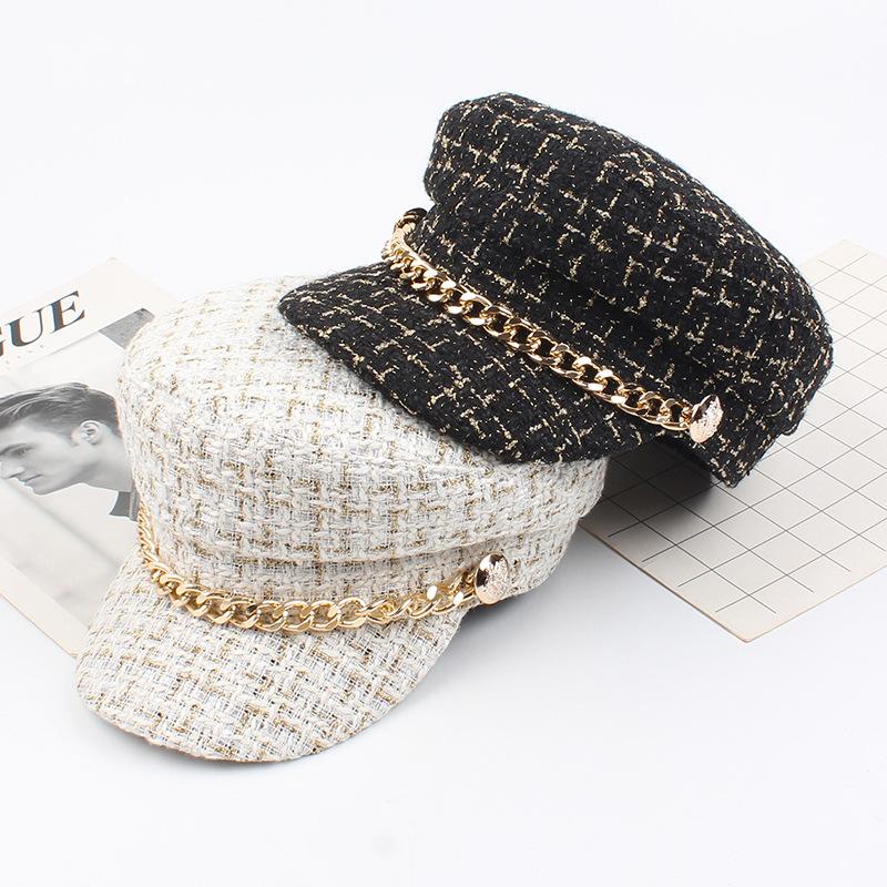 

Winter Women Beret Hat Tweed Plaid Newsboy Hats Caps Chain Flat Top Visor Cap Vintage Plaid Cap Leisure Female Hats, Black