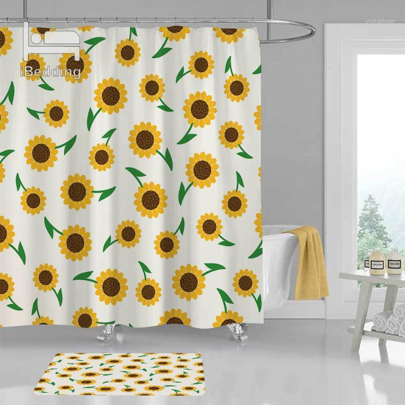 

Cartoon Little Sunflower Bathroom Mat Set Waterproof Bath Curtains POD Polyester Bathroom Decor with Hooks 2pcs/set1