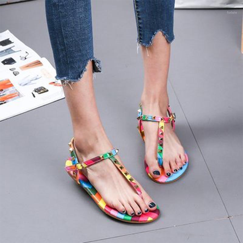 

Women's Sandals Female Mix Rivets T-Strap Flip Flops Ladies Beach Casual Color Ankle Buckle Shoes Women's Footwear Plus Size1, Three bandages