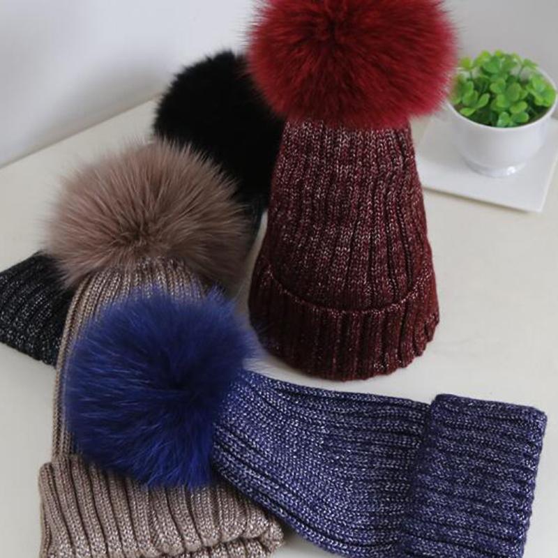 

Beanie/Skull Caps Fashion Real Fur Mink Pompoms Hats For Women Winter Solid Wool Warm Skullies Beanies 2021 Brand Apparel Accessorie, Black