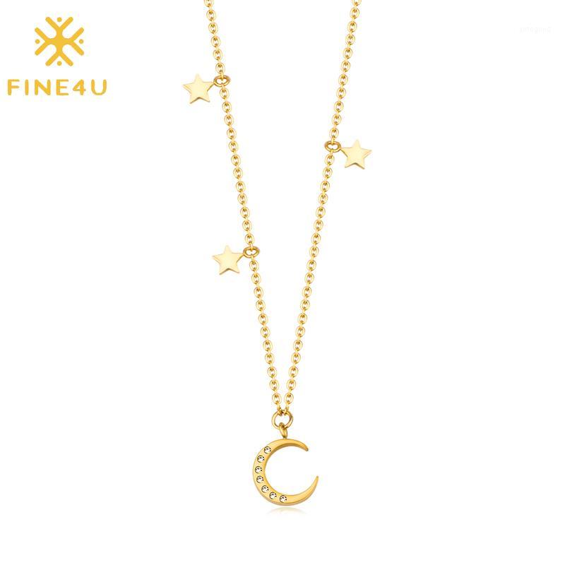 

Chokers FINE4U N533 Stainless Steel Tiny Moon And Star Pendant Necklace Simple Style Handmade Initial Choker For Women1