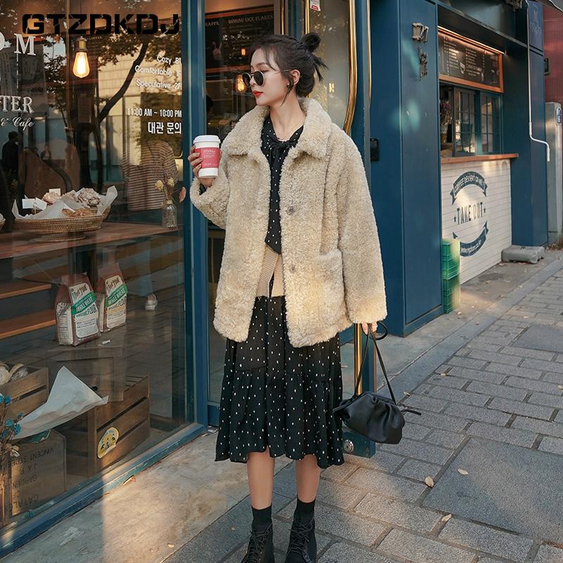 

2020 Winter Jacket Women Loose Short Paragraph Solid Color Fur All-in-one Women' Coat Single-breasted Lapel Wool Coats, Brown
