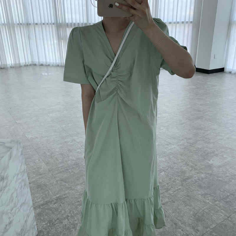 

Chic Female Dress Spring Elegant Solid V-neck Shirring Design Loose Ruffles Stitching Short Sleeves Dresses, Black;gray