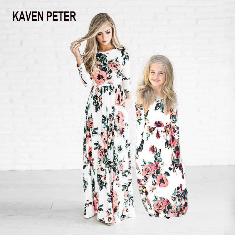 

Parent-Child Long Dress Floral Printed Mother-Daughter Dress Nine-Sleeve Long Skirt Family Clothes1, Green