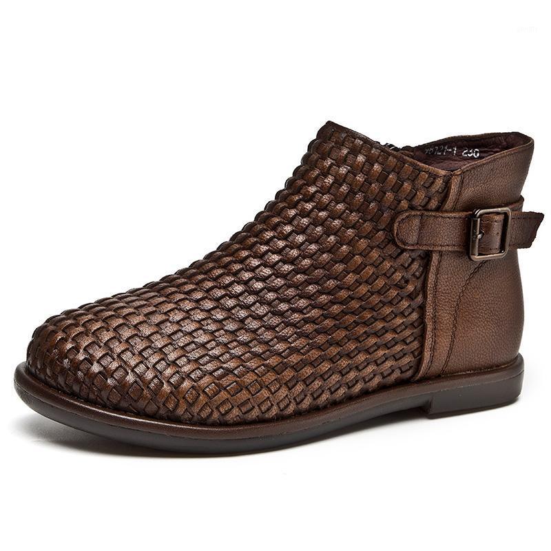 

Leather boots Women short boots Woven cowhide Flat casual shoes Autumn and winter flat ankle brown Black ladies boty1