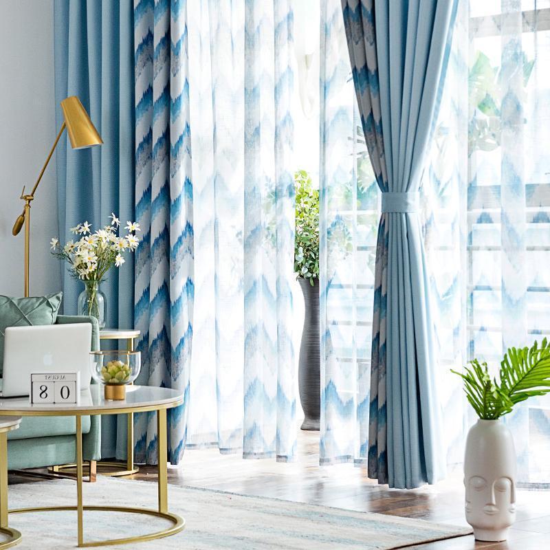 

Custom curtains livingroom blue splice Wave pattern Square cotton window bedroom cloth blackout curtain tulle M7231, Tulle sheer
