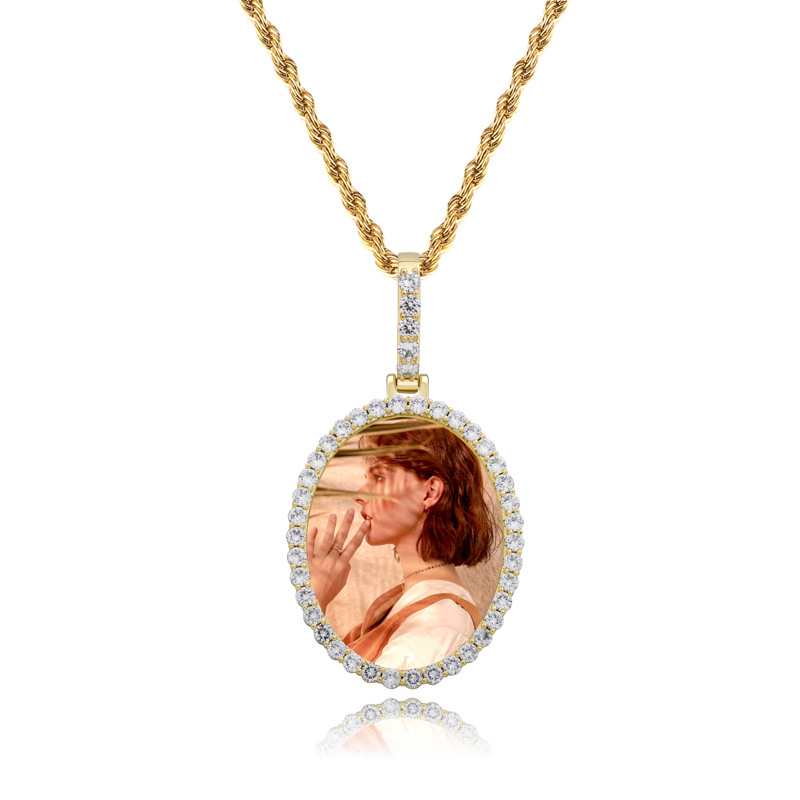 

Men Women Designer Necklaces Luxury Bling Zircon DIY Photo Necklace 18K Gold Rhodium Plated Oval Pendant Hip Hop Necklaces