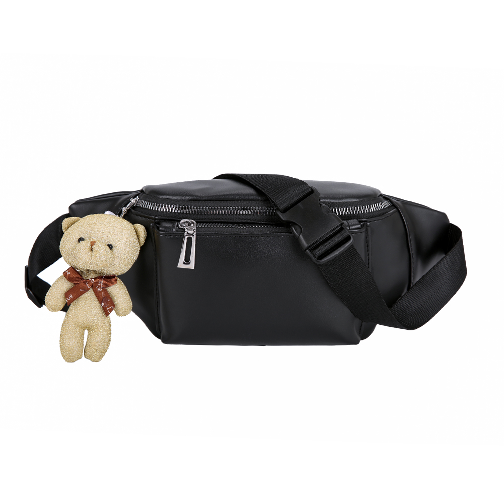 

HBP Fashion Solid Color Women Fanny Waist Bags PU Leather Bear Pendant Chest Shoulder Pack Ladies Zipper Phone Pouch BLACK
