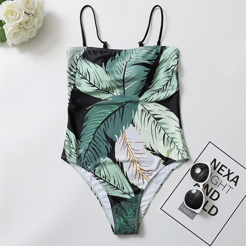 

Off Shoulder One Piece Swimwear Women Push Up Swimsuit Female Jumpsuit Strapless Bathing Suit Leaf Print Sexy Bikini Beach Y200824, Green