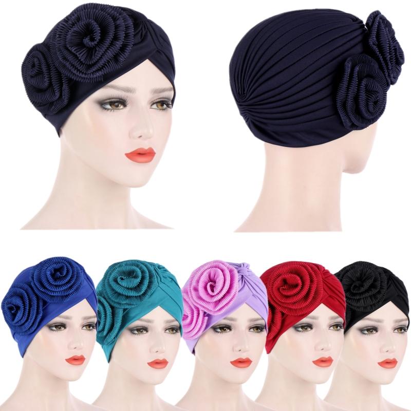

Beanie/Skull Caps Fashion Ladies Headwear Two Big Flower Appliques Hats Multicolor Muslim Baotou Turban Party, Royal blue