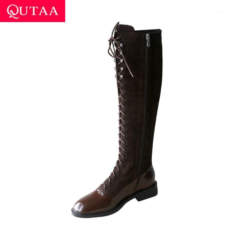 

QUTAA 2021 Patchwork Patent Leather Flock Knee High Boots Winter Shoes Square Heel Lace Up Zipper Women Long Boots Size 34-391, Black