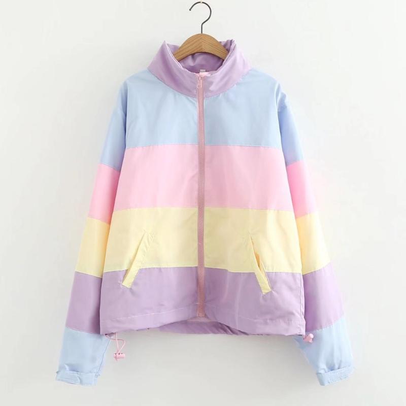 

Japanese Soft Fresh Rainbow Loose Jacket Thin Section for Spring Jacket 2020 Pastel Color Windbreaker Harajuku, As pic