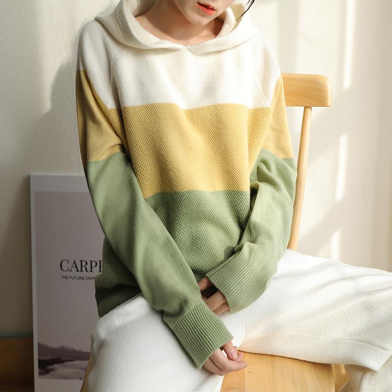 

Wool Clothing Women' Autumn and Winter With Hat Sweater Pullover Loose Lazy Stitching Sweater 100% Pure Wool Bottoming Shirt, Fruit green