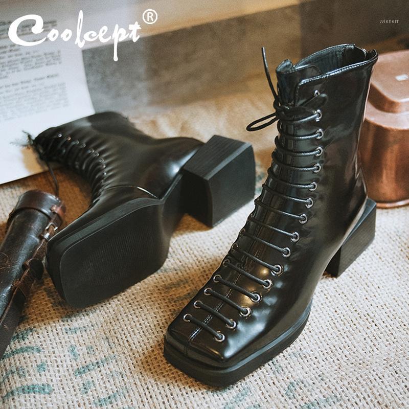 

Coolcept New Women Punk Shoes Ankle Boots Thick Heel Back Zipper Cool Shoes Ladies Footweae Female Outdoor Size 34-401, Black