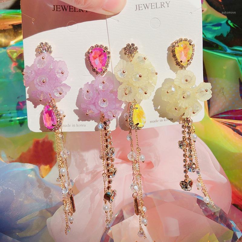 

MENGJIQIAO New Korean Fashion Bijoux Waterdrop Crystal Tassel Long Dangle Earrings Elegant Acrylic Flower Boucle d'oreille Femme1