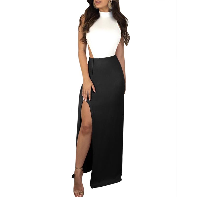 

Sexy Backless Club Dress Women Side Split Sleeveless Halter Maxi Dresses Elegant Contrast Color Dress for Ladies Vestidos Mujer, Black