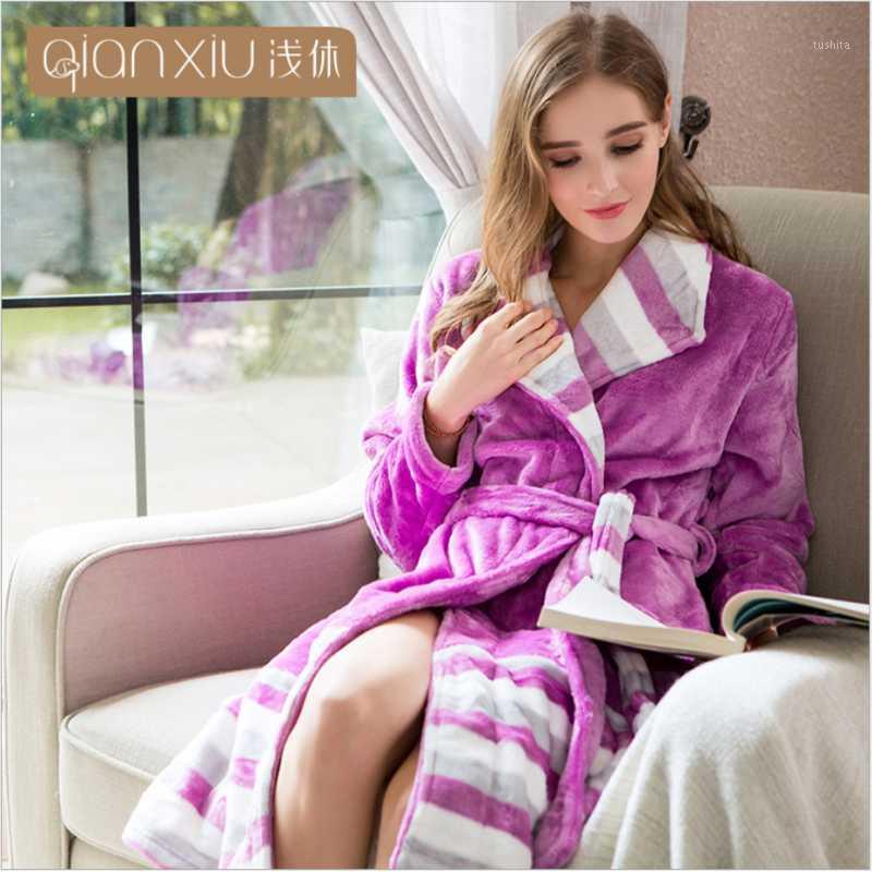 

2020 Winter Women  Robe Ladies Warm Coral Fleece bathrobe Female Turn-down collar robes Female long sleeve dressing gown1, Purple