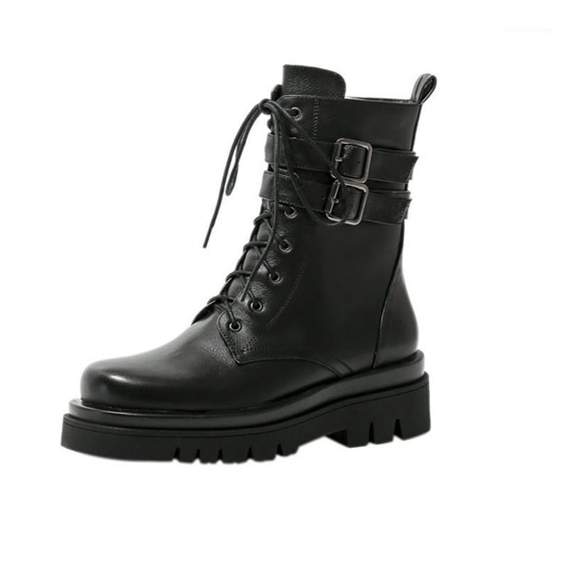 

Genuine Leather Concise Cross Tied boots Round Toe thick Heel Ankle Boots buckle Shoes For Women Winter Party Shoes Woman1, Black