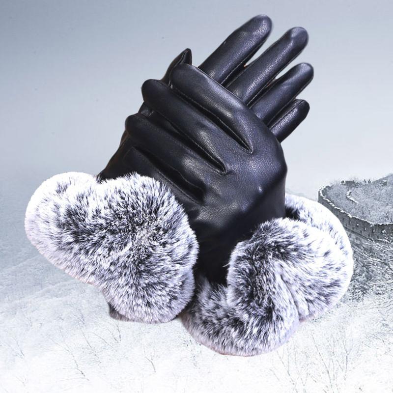 

Fur Warm Outdoor Touch Screen Bow Gloves Fashion Women's Pu Leather Velvet Gloves Female Winter Driving Mittens #T5P