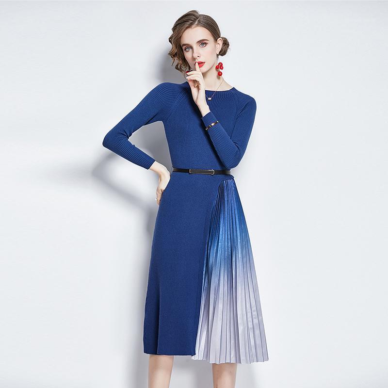 

Elegant Knitted Patchwork Gradient Pleated Midi Dress Women O-Neck Long Sleeve Knitted One Piece Sweater Dress with Belt1, Blue dress