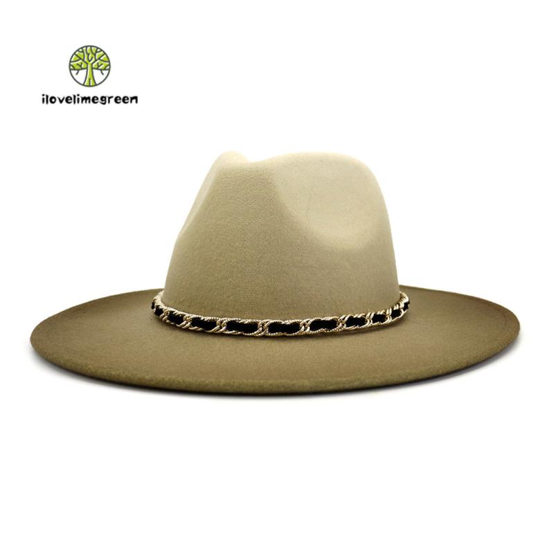 

New Fashion European American British Classic Men Women Spray Painted Jazz Panama Woolen Fedora Hat with Wide Brim, Green