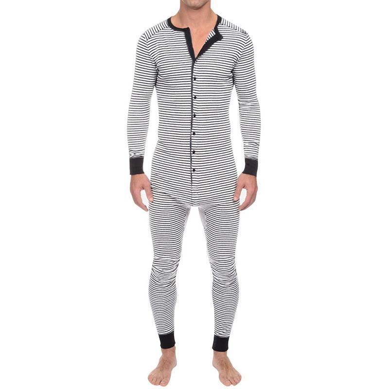 

2020 Sexy Men Button Jumpsuit Contrast Striped Bodysuit Homewear Round Neck Long Sleeve Bodysuit Nightwear Long Sleeve Pajamas, Gray