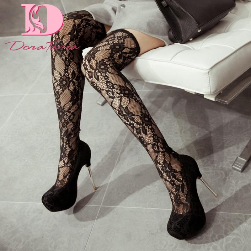 

DoraTasia New Fashion Ladies Over The Knee Boots Lace Platform Thin High Heels Spring Summer Boots Women Sexy Party Shoes Woman, Black