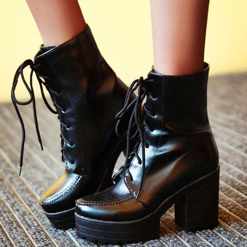 

GIGIFOX Big size 43 shoelaces Square Heel Female Motorcycle Boots Platform 2020 High Heels Shoes Women Ankle Boots, Black
