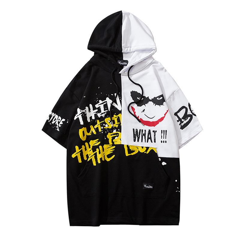 

Graffiti Correspondence Printed with Hood Male Shirt Thin European and American Popular Hip-hop Brand Loose Half Sleeve Hoodie Vqkp, White