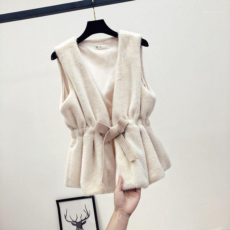 

Winter Warm Women Faux Vest Jackets Fake Fleece Fur Sleeveless Slim Coat Tops Outerwear Soild Waistcoat with Belt T1481, Red
