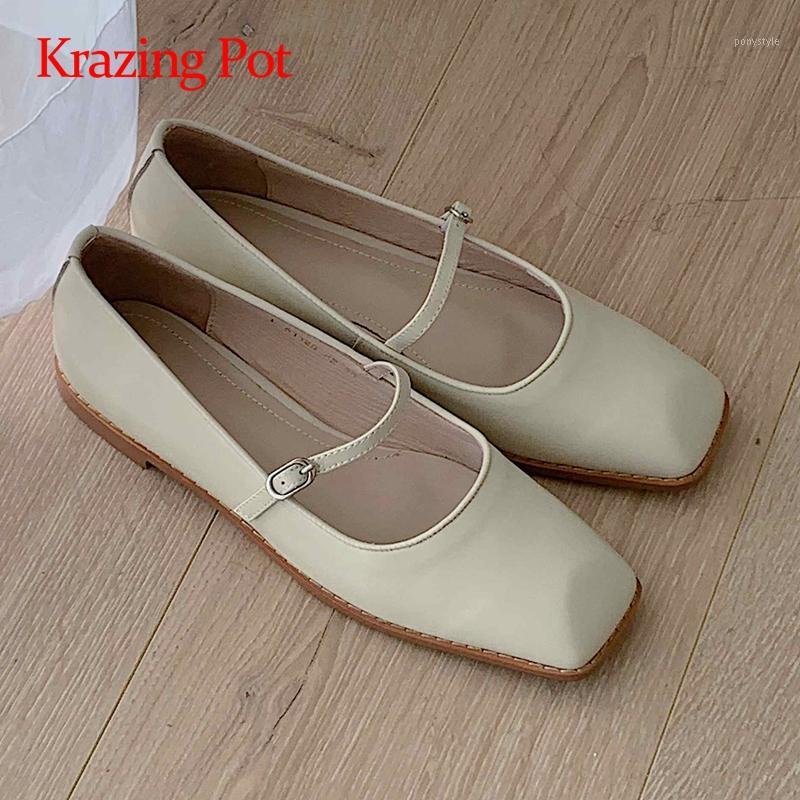 

Krazing Pot hot gladiator full grain leather vintage square toe low square heels buckle straps gorgeous handmade women pumps L201, Beige