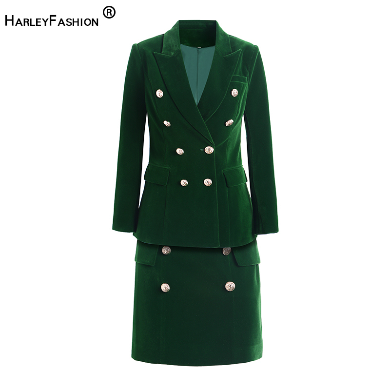

HarleyFashion High Quality Luxury Design Green Velvet Skirts Suits Slim Blazer Mini Skirt High Street Lady Twin Sets Suits 201130