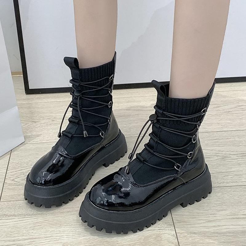 

Rimocy Autumn Winter Women Black Platform Boots Fashion Round Toe Chunky Ankle Boots Woman Thick Sole Elastic Knitted Sock Shoes, Blackmatte