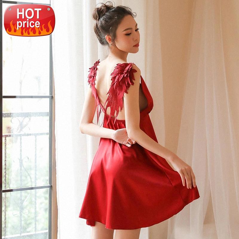 

Sexy V Neck Sleepwear Women Silk Satin Sleepwear Dress Angel Wings Backless Spaghetti Strap Sexy Lingerie Nightgowns Night Dress #yu1r, Black;white