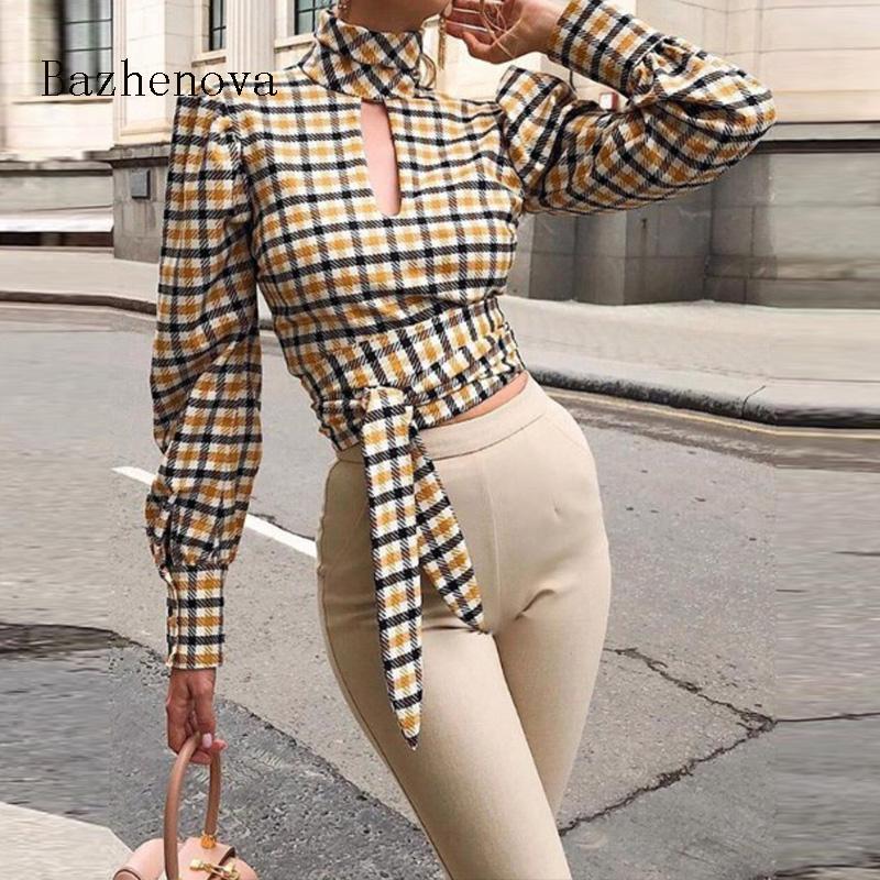 

2020 Autumn England Sexy Women Plaid Hollow Out Backless Blouses and Tops Lace Up Lantern Sleeve Stand Collar Short Shirts T1674, As pic