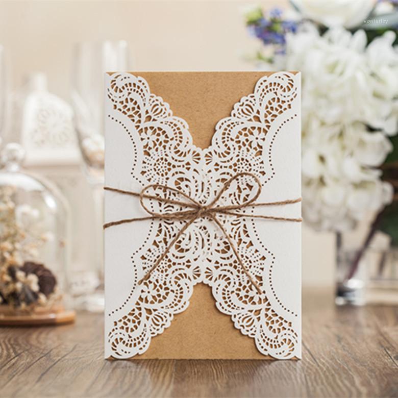 

20pcs WISHMADE Laser Cut Invitations Cards Kraft Insert With Brown Bow Elegant Wedding Invitations for Party, Customizable1