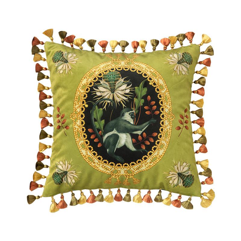 

45x45cm Decorative Throw Pillow Covers Velvet Cushion Covers Animal Monkey Printed With Heavy Tassel Square Luxury Light Green