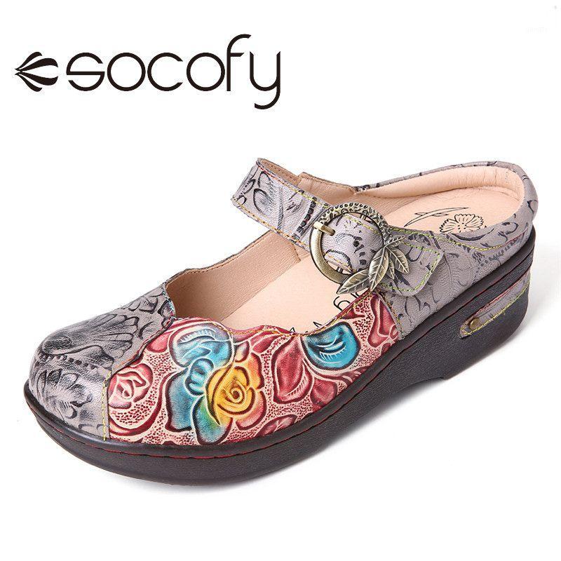 

SOCOFY Women Retro Style Embossed Rose Floral Sandals Metal Leaves Buckle Strap Backless Thick Bottom Leather Party Shoes 20201, Gray