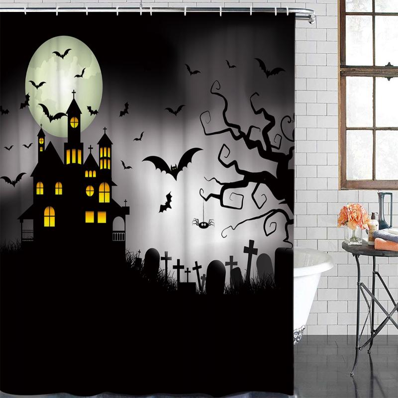 

Bathroom Curtain Halloween Moon Bat Castle Waterproof Fabric Shower Curtain Bathroom Decoration Shower &12 Hook