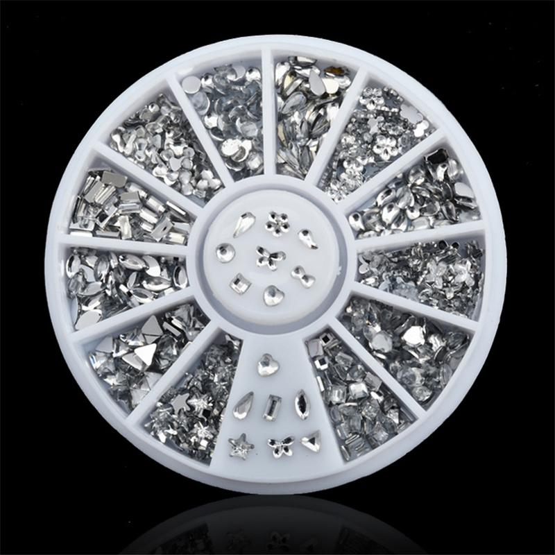 

12 grids Silver Mixed-size irregular shape Flat Bottom Nail Rhinestones Acrylic Shinning Nail Art 3D DIY Decoration for UV Gel