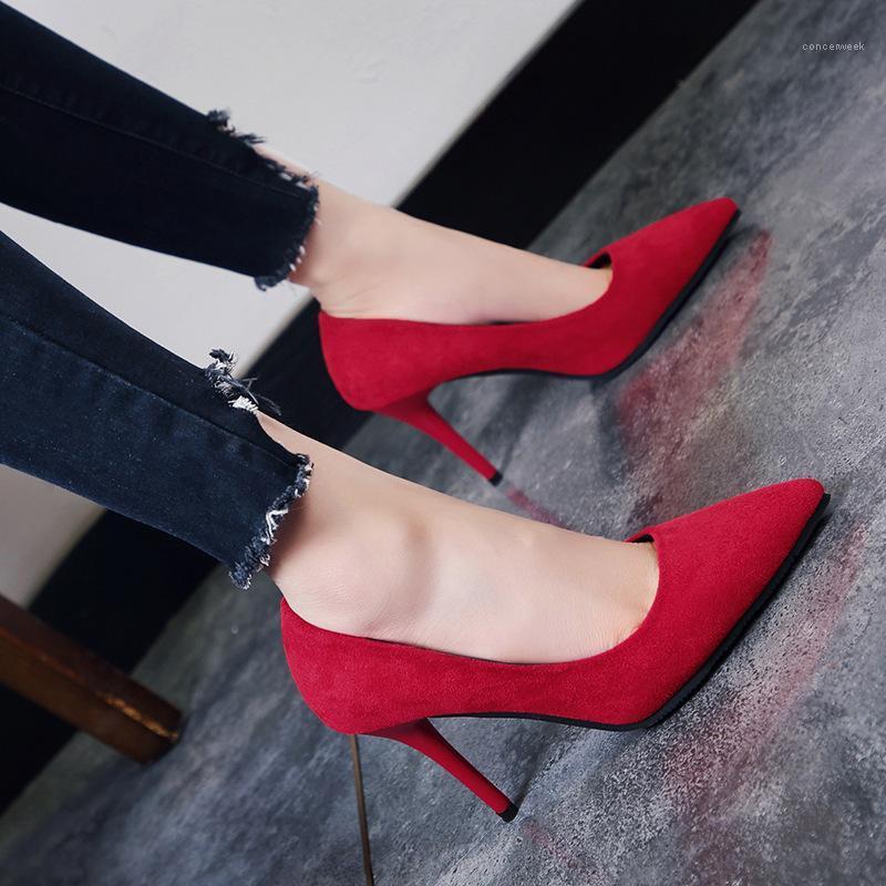 

New Women Shoes Concise Flock Pointed Toe Slip-On 9cm Thin High Heel Shallow Solid Lady Party Wedding Shoes Female Pumps1, Apricot