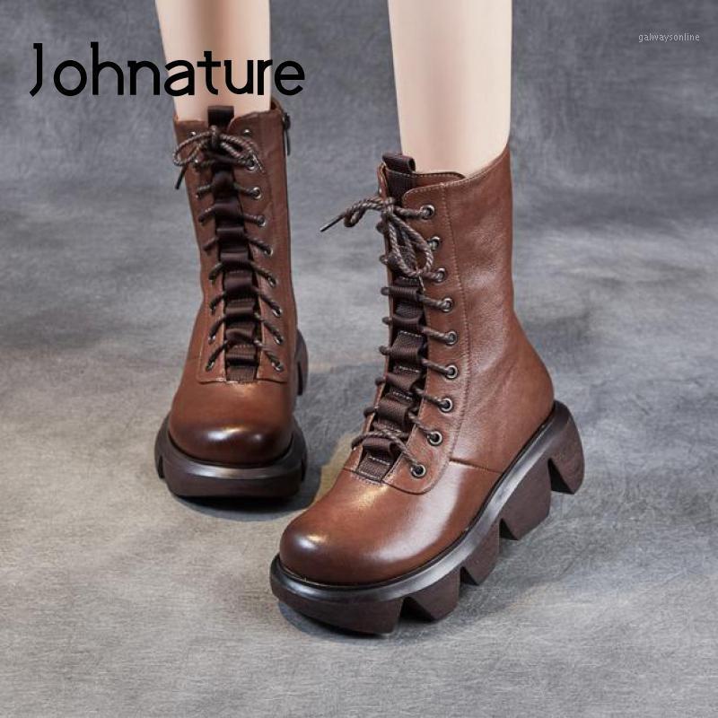 

Johnature Plush Women Boots Genuine Leather 2020 New Women Shoes Winter Warm Zip Wedges Lace-up Handmade Leisure Platform Boots1, Black plush