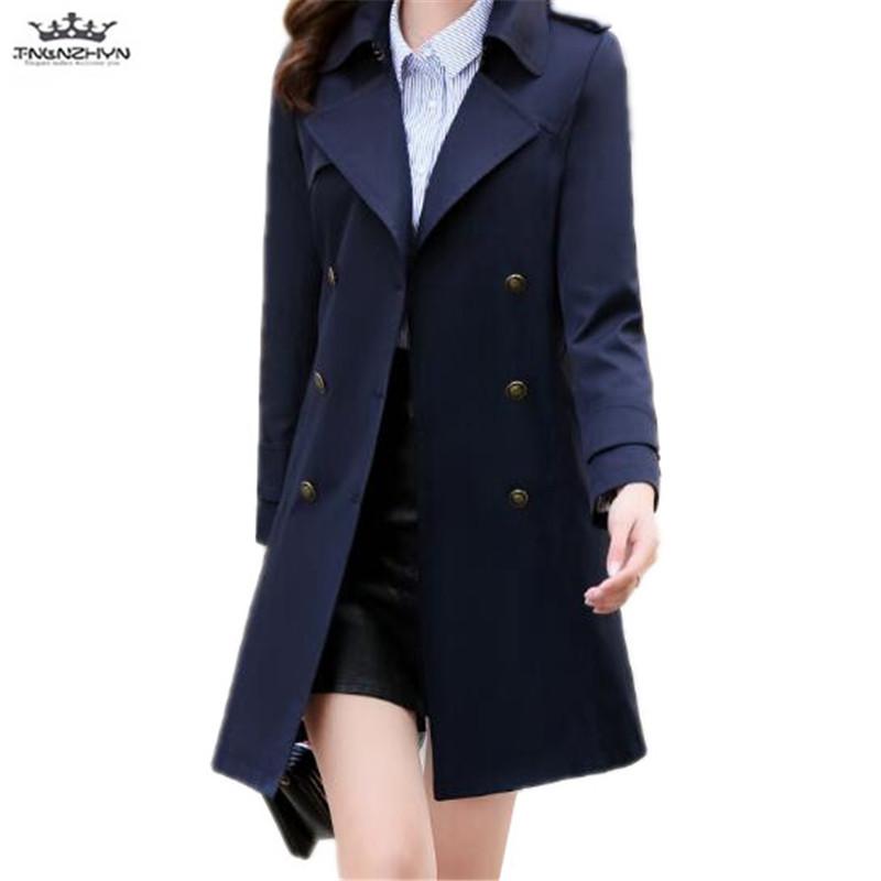 

tnlnzhyn 2020 New Spring Women Solid Trench Coat Fashion Double-breasted Windbreaker Coat Medium long Outerwear Y981, Navy blue