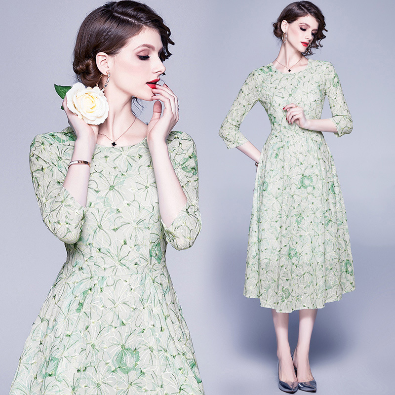 

2021 New Elegant Flower Embroidery Women' Spring Summer Chiffon Light Green Lace o Neck Midi Party Office Clothing Uqx0, As picture