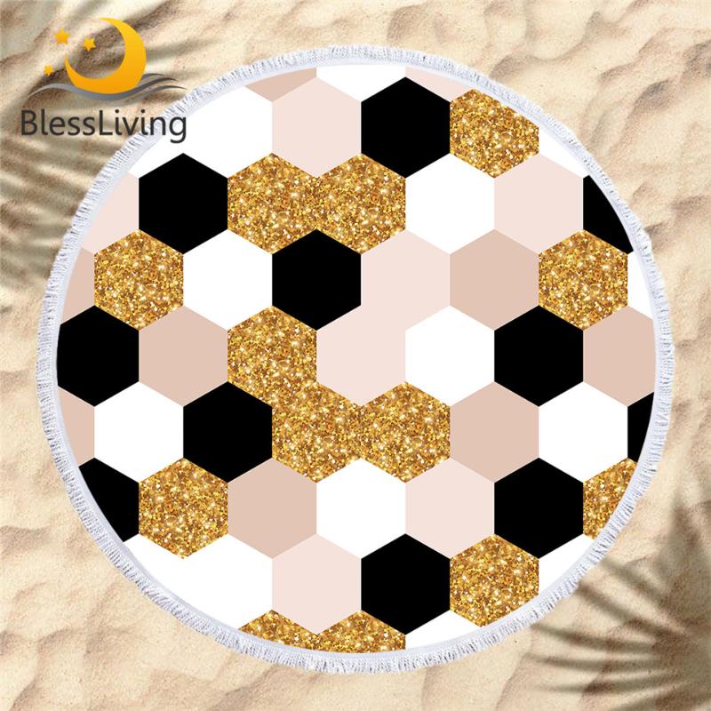 

BlessLiving Classic Beach Towel Geometric Round Bath Towel Golden Luxury Toalla Sunblock Blanket Black White Modern Beach Mat