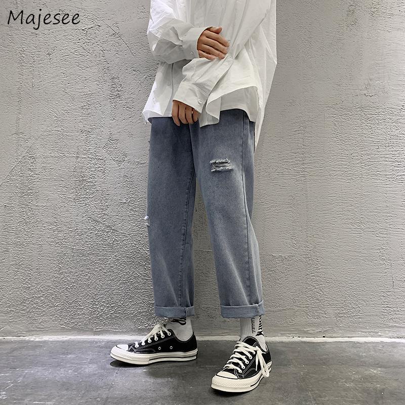 

Men Jeans Korean Vintage Holes Frayed Straight Denim Trousers Streetwear Hip Hop Oversize 3XL Ankle Length All-match Breathable, Black